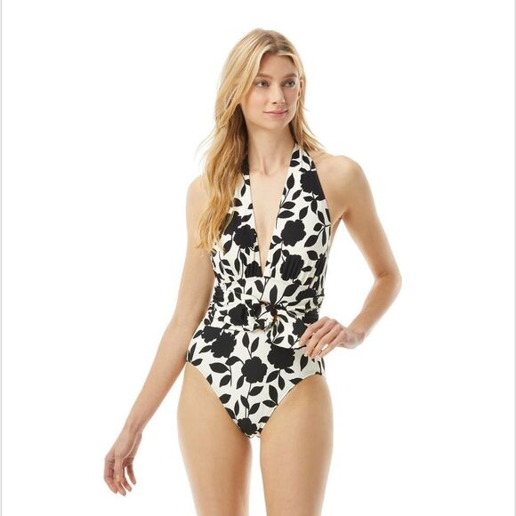 Kate Spade Belted Plunging Halter One Piece Swimsuit - Geranium Grove - Picture 1 of 7